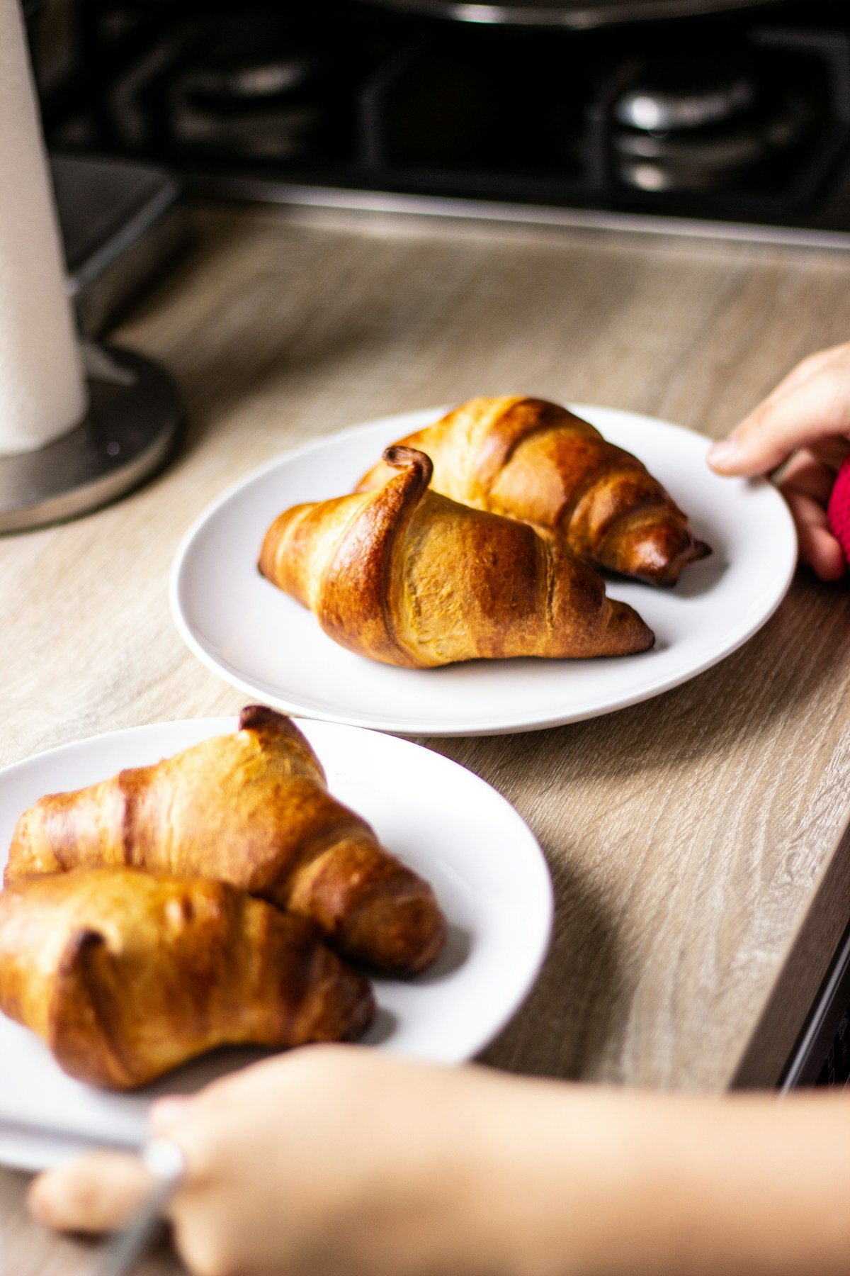 Golden croissants served on white plates